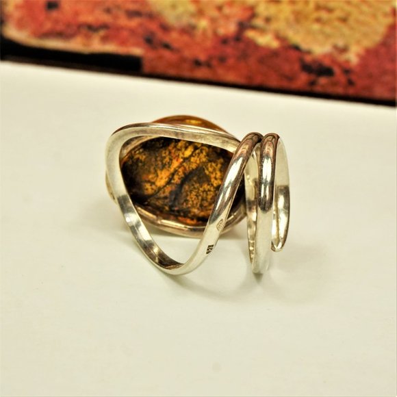 LARGE BALTIC AMBER 925 SILVER ADJUSTABLE RING, UNIQUE DESIGN, GIFT FOR WOMEN - Picture 11 of 16